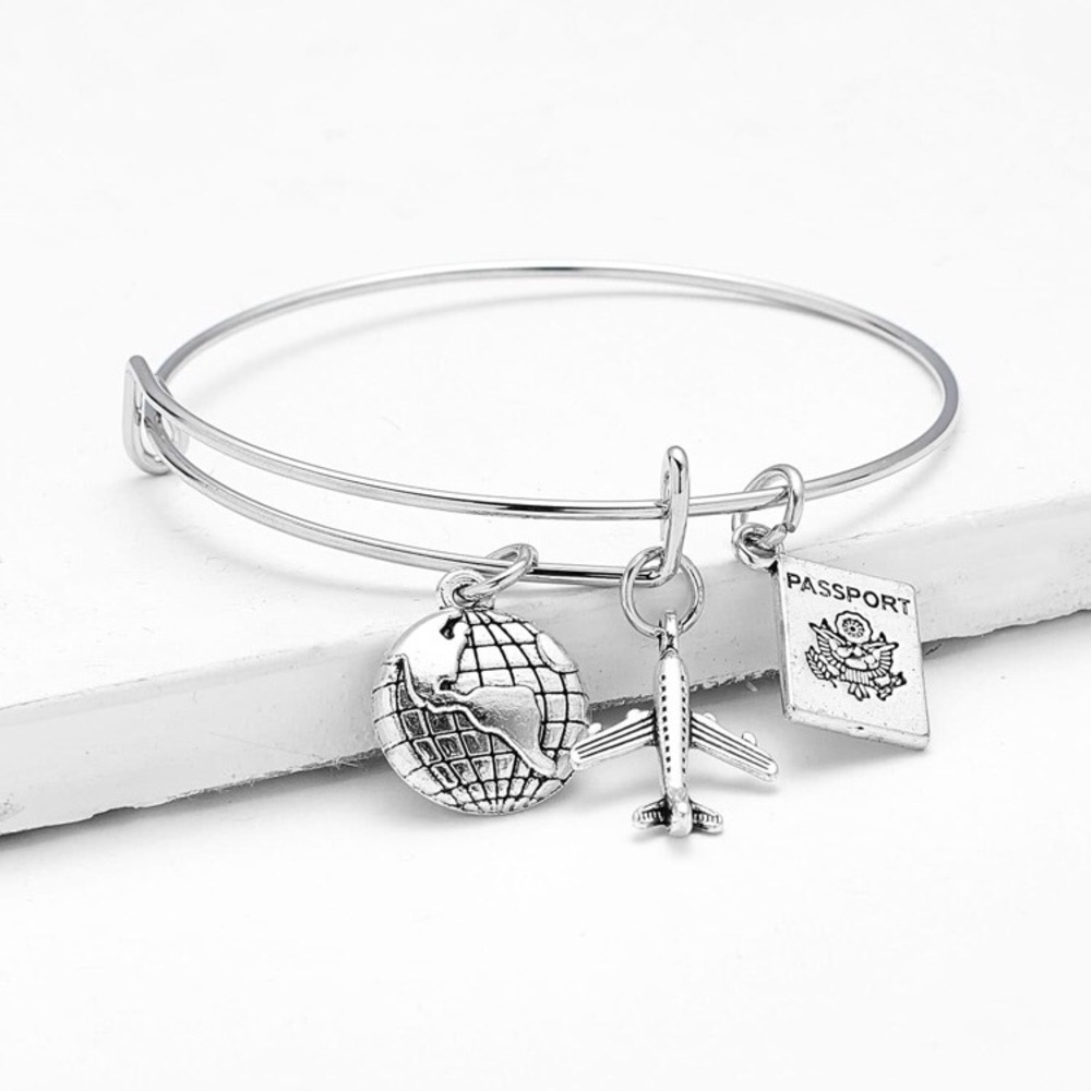 Travel Silver Tone Wire Bangle with Plane & Earth